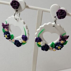 Floral Heart Drop Earrings - White and Purple